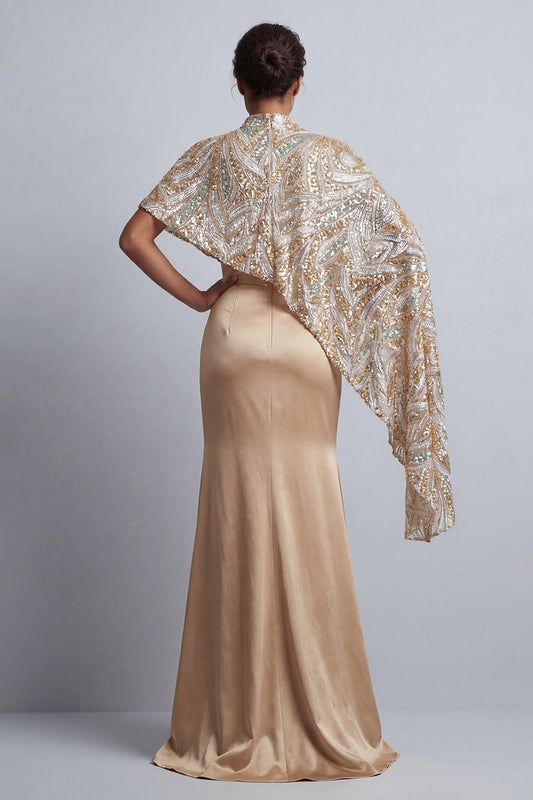 Champagne Mermaid Satin Mother of the Bride Dress with Detachable Cape