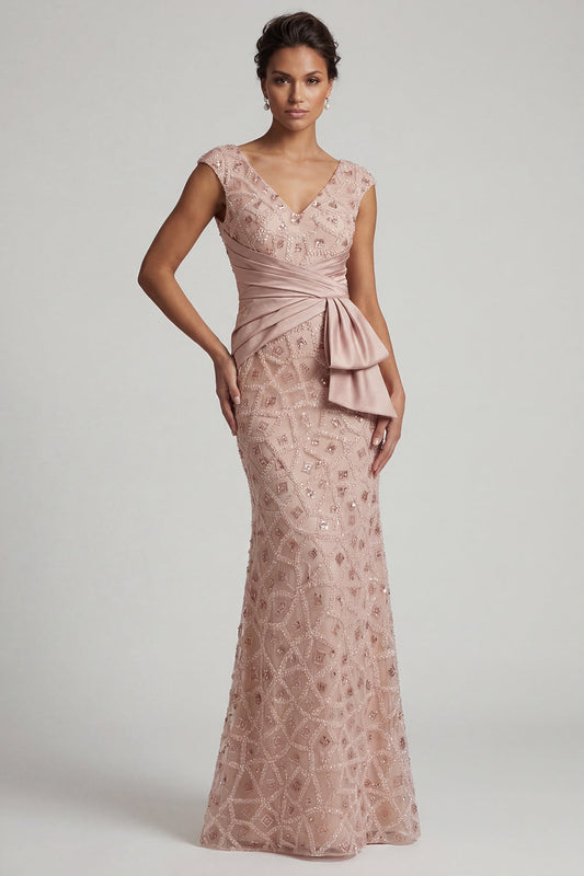 Robe de soirée sirène encolure en V ornée de perles pour la mère de la mariée