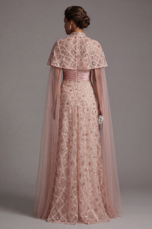 Strapless Beaded Blush A Line Mother Of Bride Dress with Detachable Cape