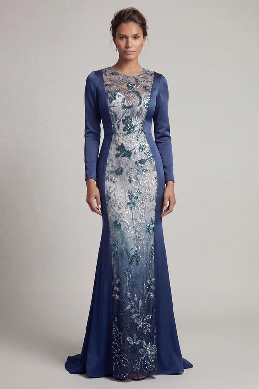 Vestido de madrina de manga larga sirena azul marino con lentejuelas
