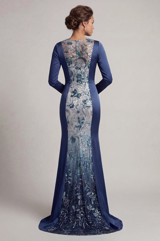 Vestido de madrina de manga larga sirena azul marino con lentejuelas
