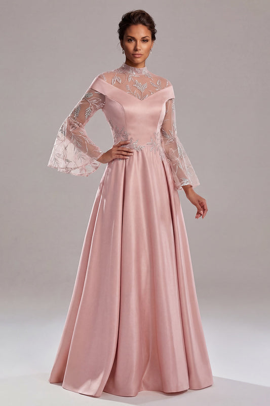Appliqued Pink Long Sleeve A Line Mother Of Bride Dress
