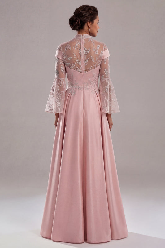 Appliqued Pink Long Sleeve A Line Mother Of Bride Dress