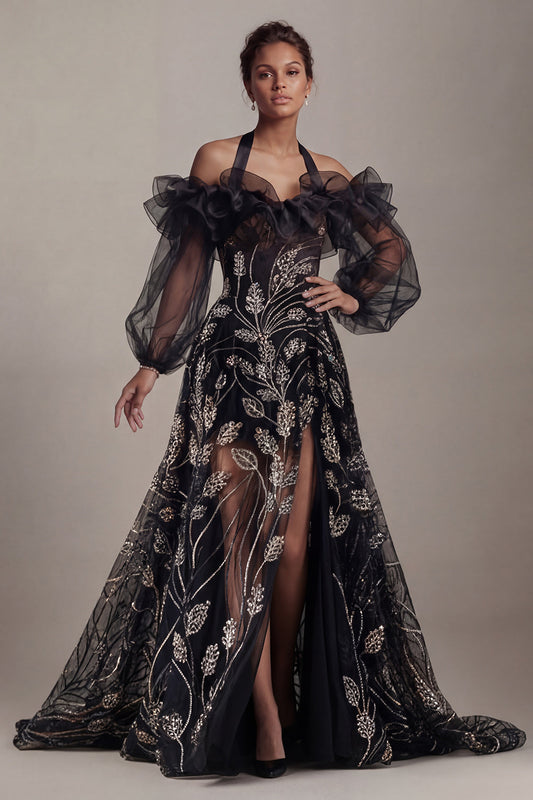 Cold Shoulder Black Sequin A-Line Mother of the Bride Dress with Slit
