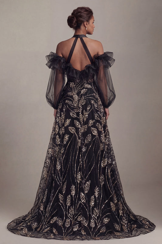 Cold Shoulder Black Sequin A-Line Mother of the Bride Dress with Slit