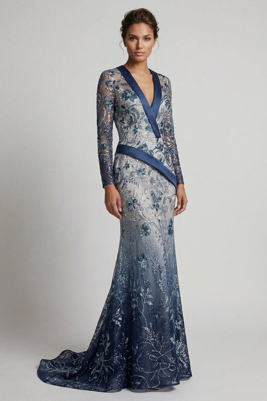 Floral V-Neck Mermaid Navy Appliquéd Mother of the Bride Dress
