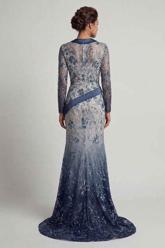 Floral V-Neck Mermaid Navy Appliquéd Mother of the Bride Dress