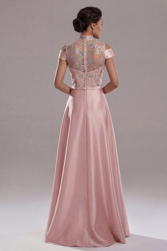 Off The Shoulder Illusion Neck A Line Pink Sequin Mother Of Bride Dress