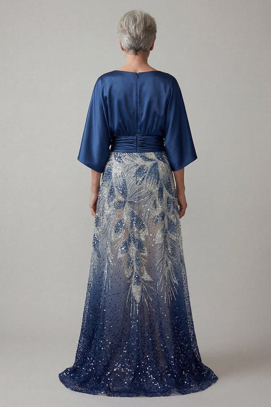 Navy Sequin 3/4 Sleeves A Line Mother of the Bride Dress