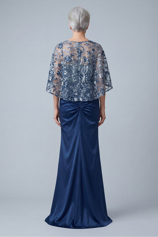 Vestido de sirena largo con lentejuelas florales azul marino con fruncidos para la madre de la novia