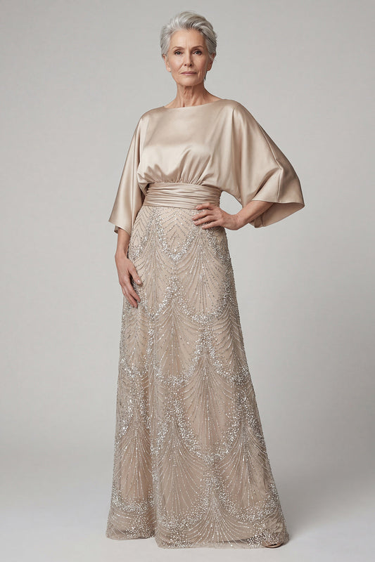 Sparkly Boat Neck A-Line Champagne Beaded Long Mother of the Bride Dress