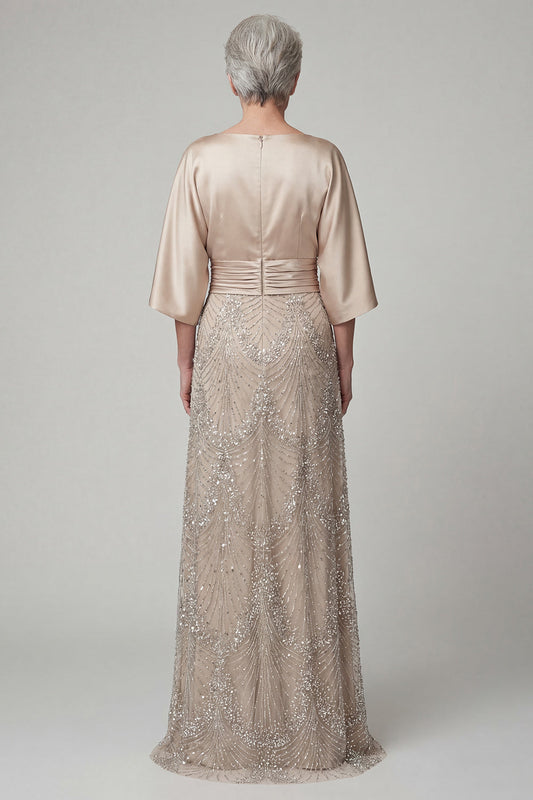 Sparkly Boat Neck A-Line Champagne Beaded Long Mother of the Bride Dress