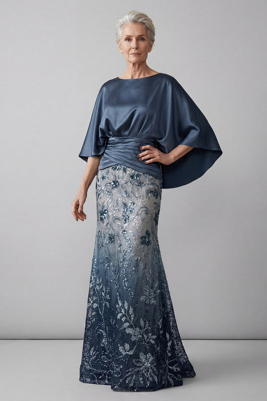Sparkly Mermaid Long Floral Navy Sequin Mother of the Bride Dress