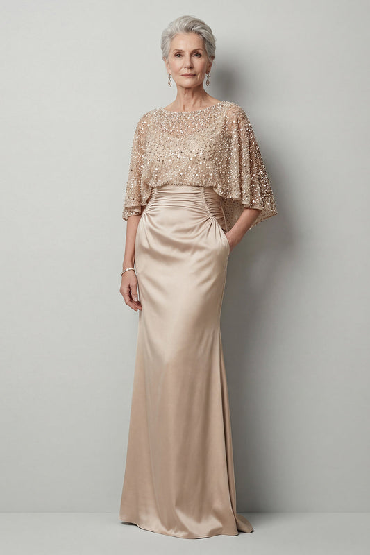 Sparkly Sequin Champagne Long Mermaid Mother of the Bride Dress with Pockets