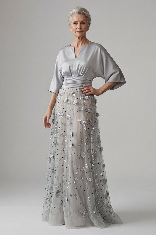 A-Line Floral Sparkly Silver Sequin Long Mother of the Bride Dress