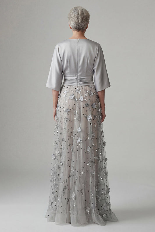 A-Line Floral Sparkly Silver Sequin Long Mother of the Bride Dress
