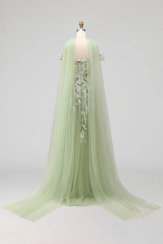 Robe de bal longue évasée vert sauge poussiéreux à sequins brodés, épaules dénudées, avec fente