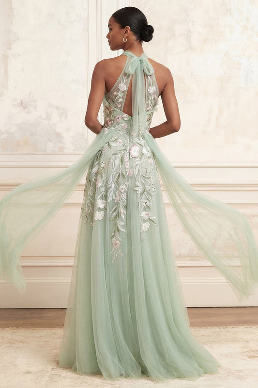 Robe de bal longue en tulle brodé de sequins, trapèze et dos nu, couleur sauge poussiéreuse