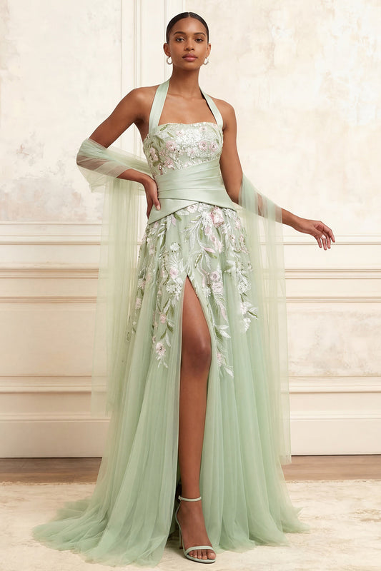 Robe de bal longue en tulle brodé floral, coupe trapèze, col licou, fente, couleur sauge poudré