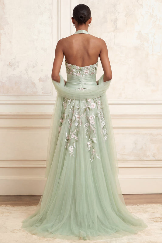 Robe de bal longue en tulle brodé floral, coupe trapèze, col licou, fente, couleur sauge poudré