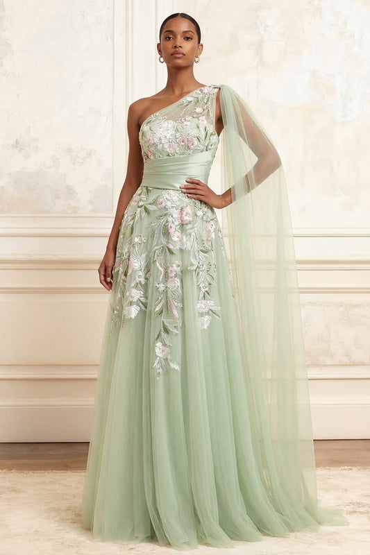 One Shoulder Dusty Sage A-Line Sequins Tulle Long Prom Dress with Embroidery