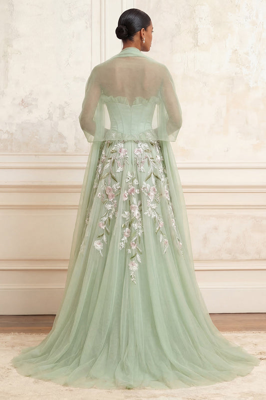Robe de bal longue en tulle à paillettes brodée sans bretelles couleur sauge poussiéreuse coupe trapèze avec fente