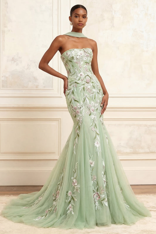 Dusty Sage Strapless Mermaid Sequins Tulle Embroidered Long Prom Dress