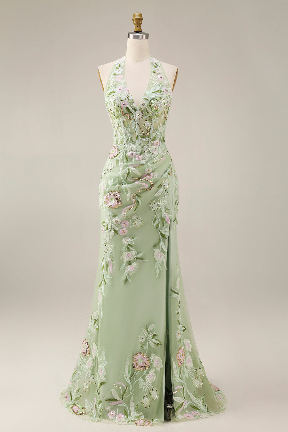 Halter Dusty Sage Sheer Corset Sheath Embroidered Long Prom Dress with Slit