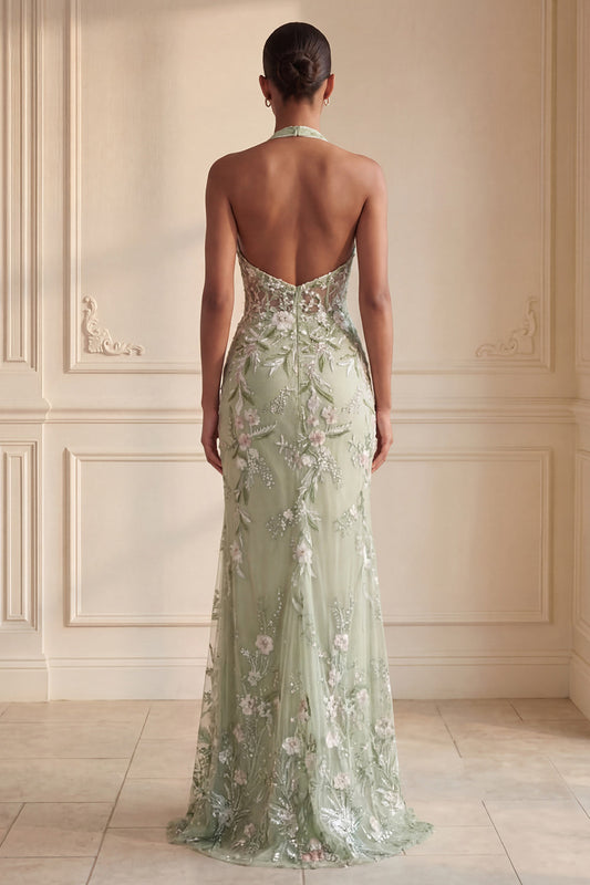 Robe longue de bal fourreau brodée fendu avec corset transparent licou Dusty Sage