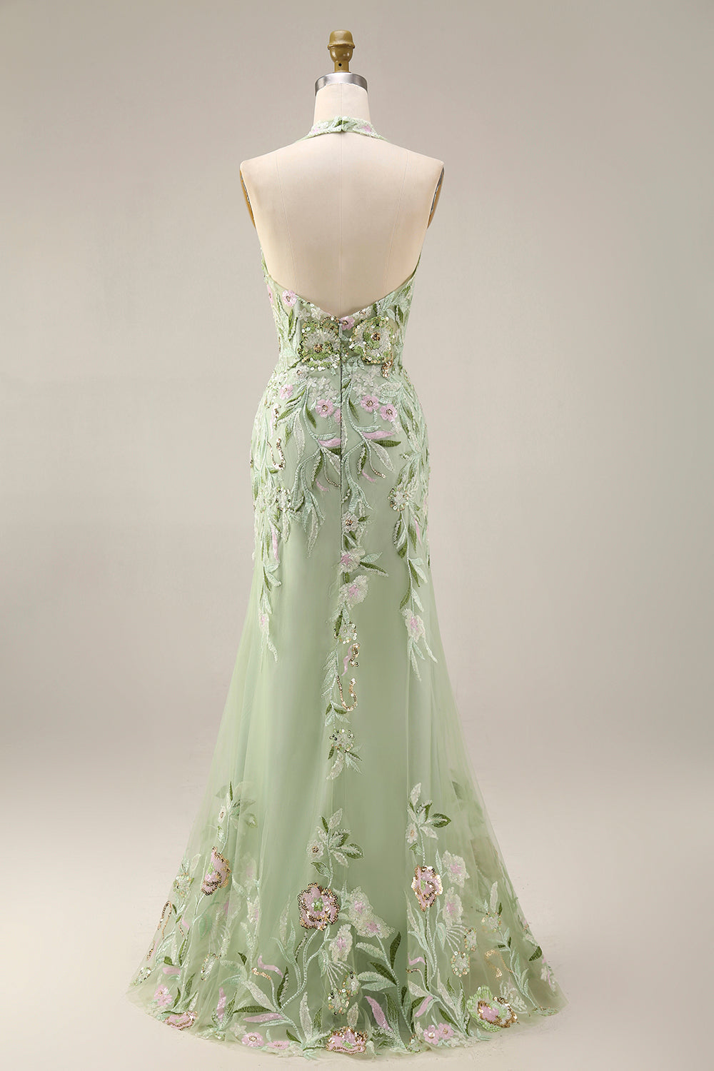 Halter Dusty Sage Sheer Corset Sheath Embroidered Long Prom Dress with Slit