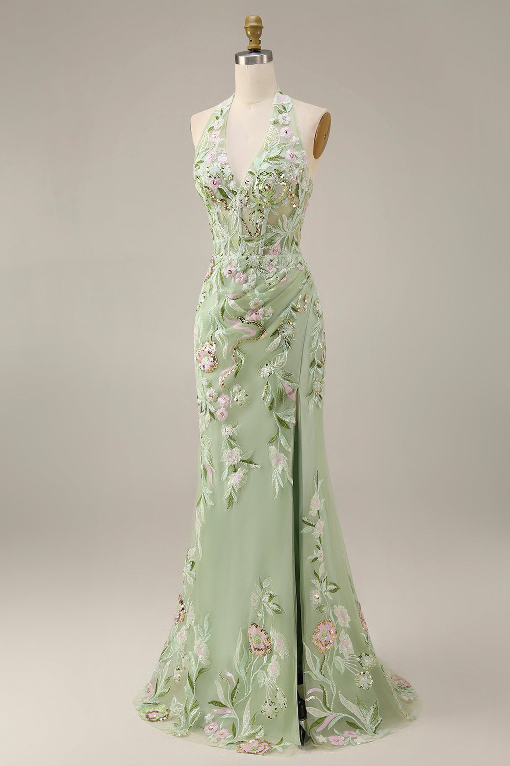 Halter Dusty Sage Sheer Corset Sheath Embroidered Long Prom Dress with Slit