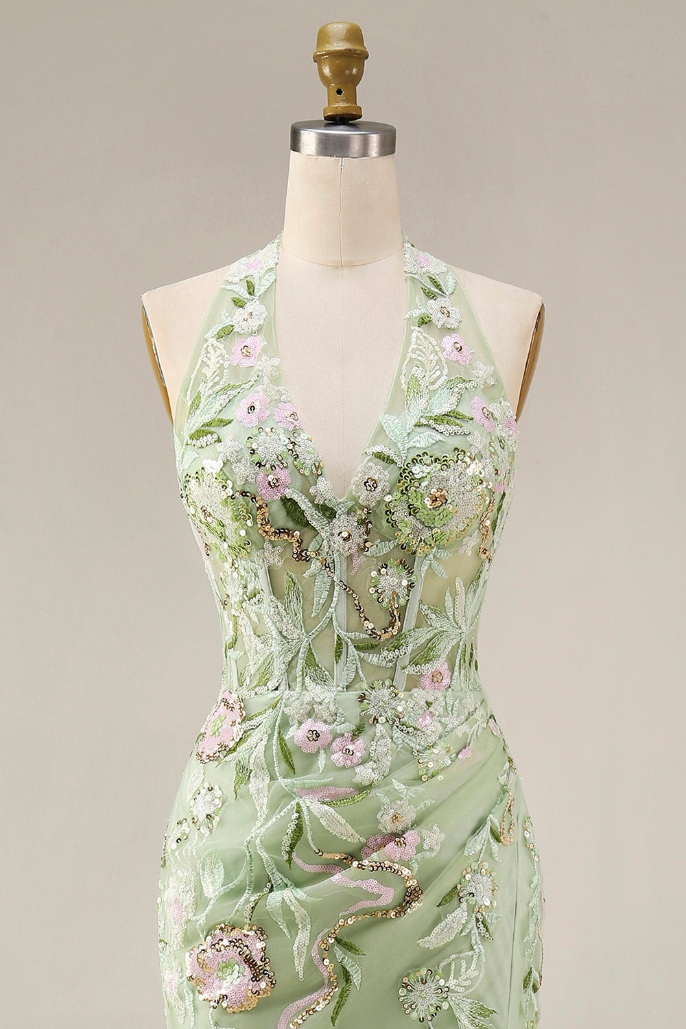 Halter Dusty Sage Sheer Corset Sheath Embroidered Long Prom Dress with Slit
