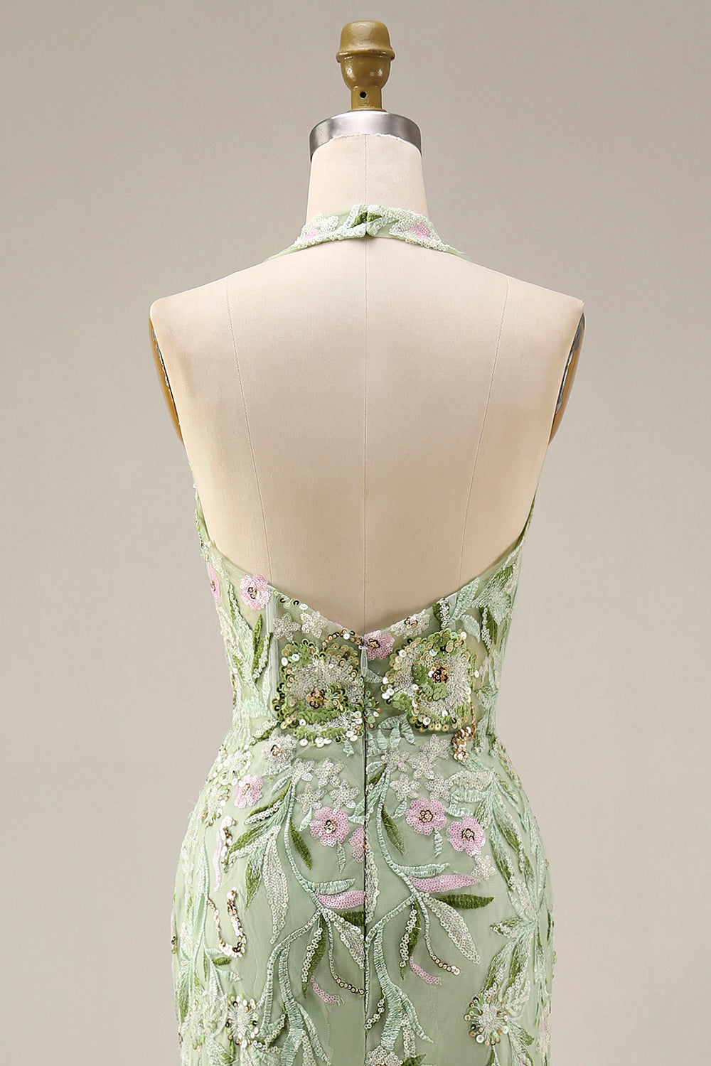 Halter Dusty Sage Sheer Corset Sheath Embroidered Long Prom Dress with Slit
