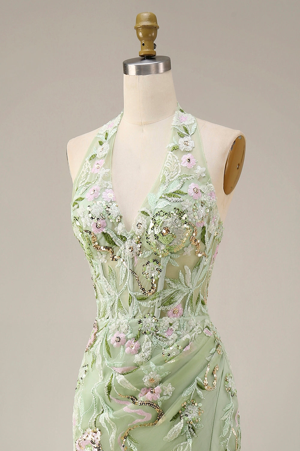 Halter Dusty Sage Sheer Corset Sheath Embroidered Long Prom Dress with Slit