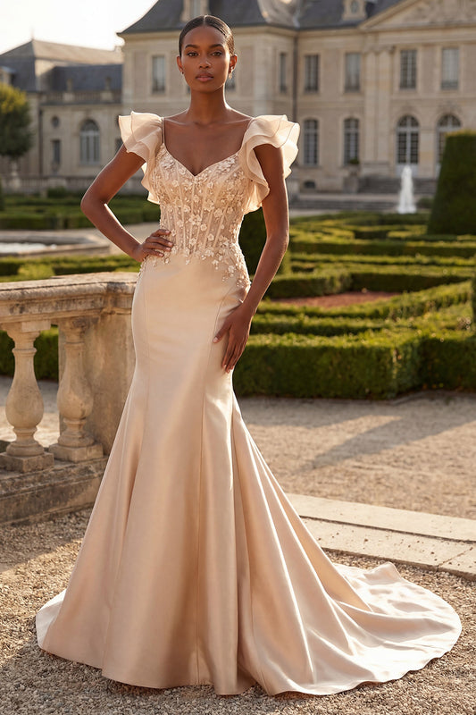 Blush Mermaid Corset Satin V-Neck Long Prom Dress with 3D Flowers