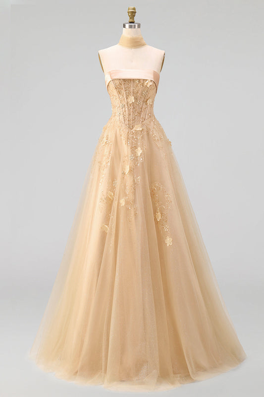 Robe de bal longue en tulle à fleurs 3D coupe trapèze et corset bustier blush, avec un foulard.