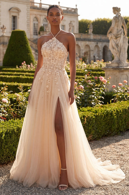 Blush Halter Corset Tulle A Line 3D Flowers Long Prom Dress with Slit