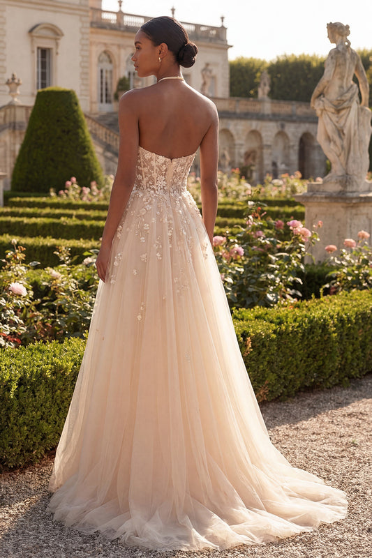 Blush Halter Corset Tulle A Line 3D Flowers Long Prom Dress with Slit