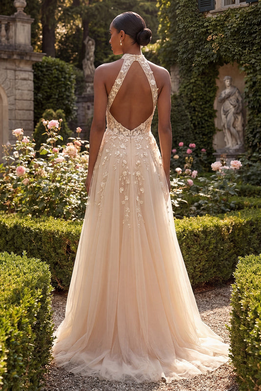 Halter Blush A Line Corset 3D Flowers Tulle Long Prom Dress with Slit