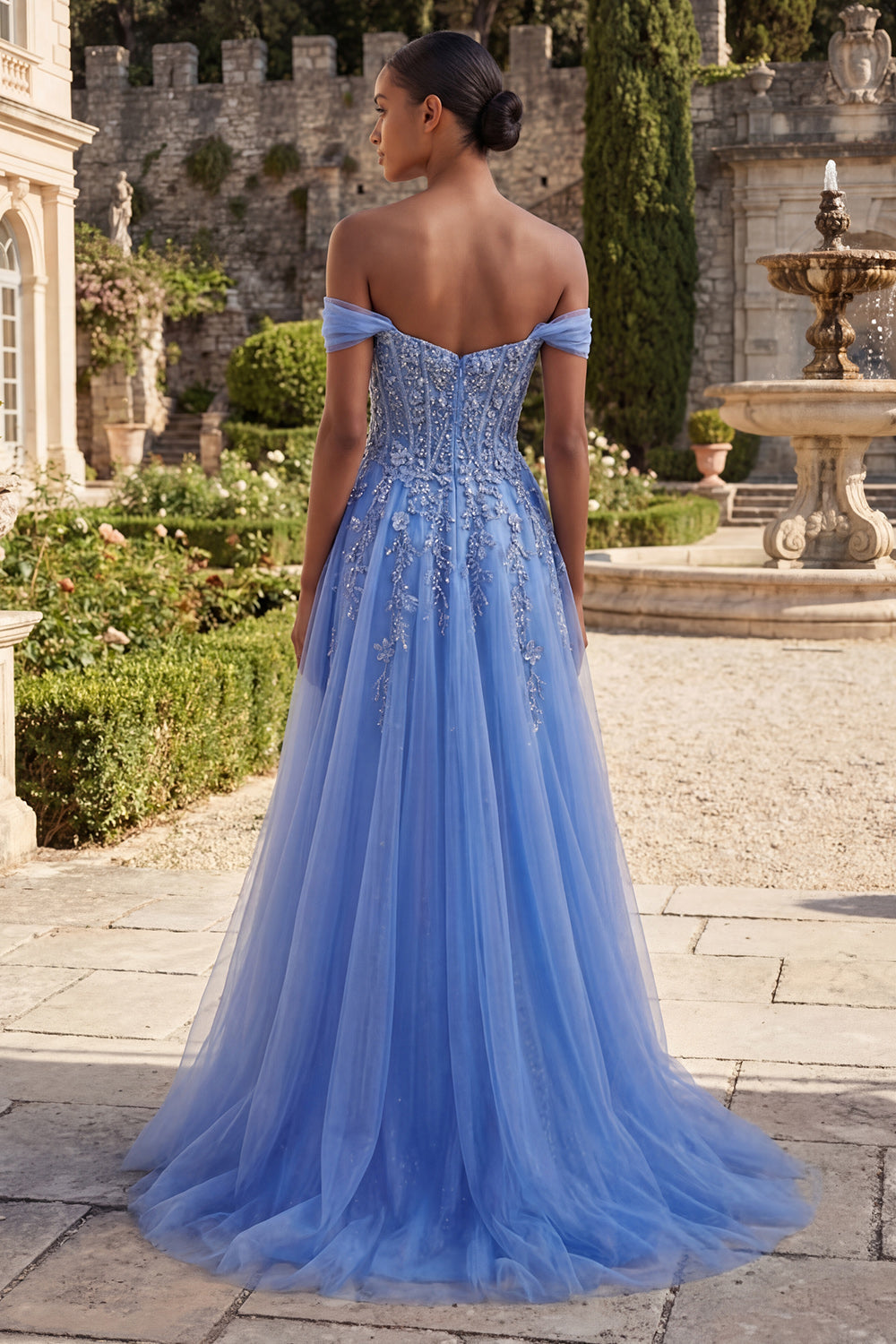 Blue Off The Shoulder Beaded A Line Basque Waist Corset Long Prom Dress with Slit