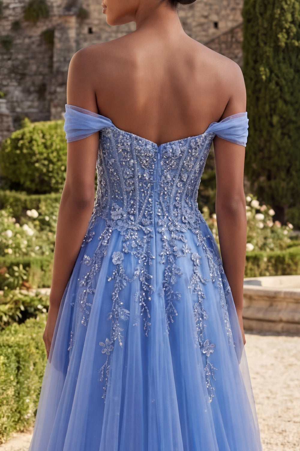 Blue Off The Shoulder Beaded A Line Basque Waist Corset Long Prom Dress with Slit
