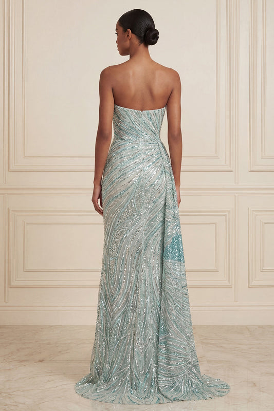 Vestido de Noche Largo de Sirena con Abertura, sin Tirantes, Azul Brillante con Lentejuelas