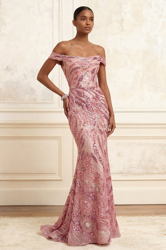 Robe de bal longue sirène rose pailletée à épaules dénudées