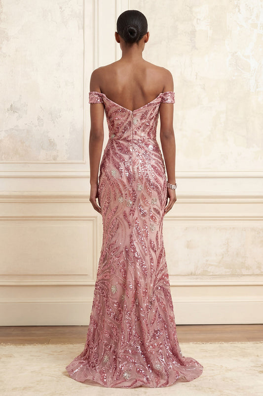 Robe de bal longue sirène rose pailletée à épaules dénudées