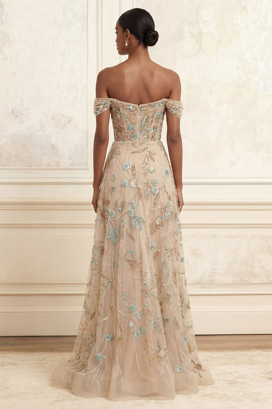 Off the Shoulder Champagne A-Line Corset Appliqued Long Prom Dress