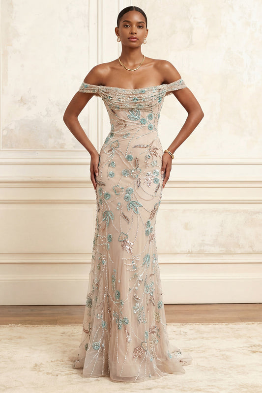 Off-the-Shoulder Champagne Mermaid Long Prom Dress with Sequins