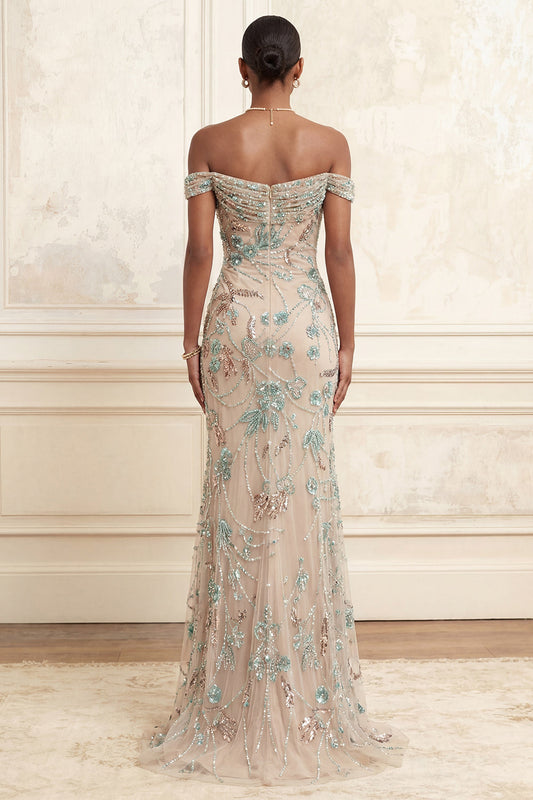 Off-the-Shoulder Champagne Mermaid Long Prom Dress with Sequins