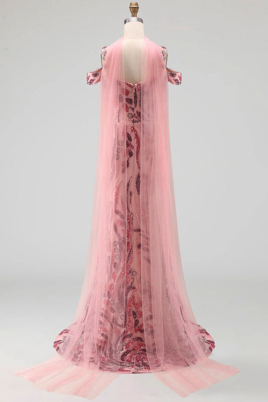 Sparkly Mermaid Tulle Cold Shoulder Pink Sequins Long Prom Dress with Neck Scarf