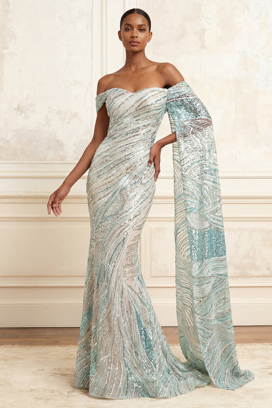 Sparkly Mermaid Blue Off-the-Shoulder Sequin Long Prom Dress with Side Cape
