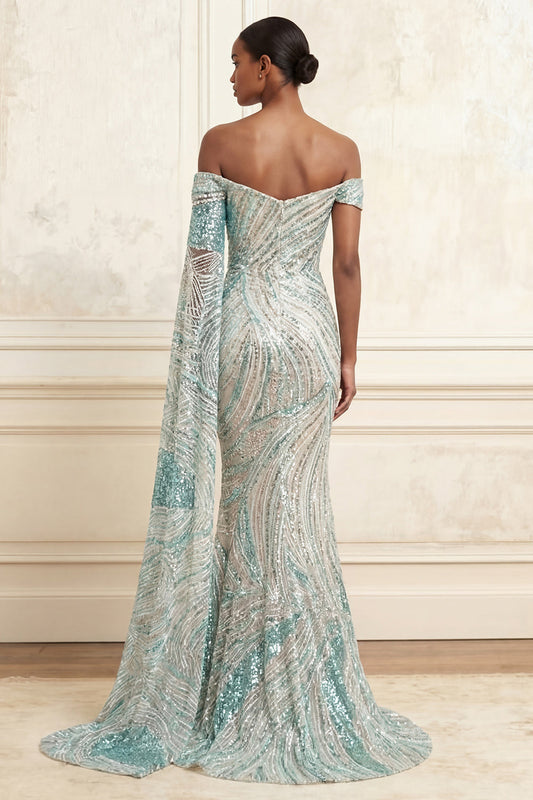 Sparkly Mermaid Blue Off-the-Shoulder Sequin Long Prom Dress with Side Cape
